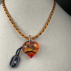 NWT Italian Murano Glass Heart Pendant on Twisted Cord Necklace